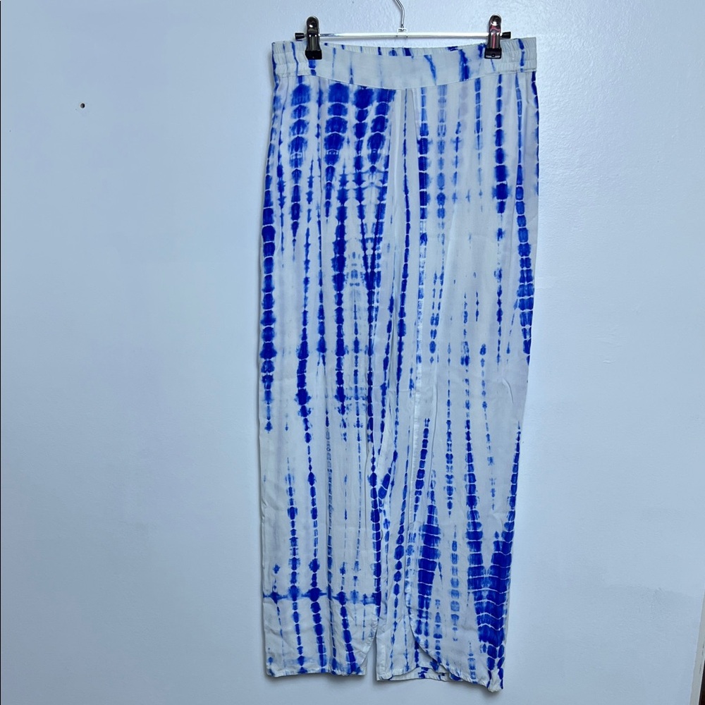 Blue White Tie Dye Wide Leg Sideโ Slit Pants Boho Flowy Beach Resort Elastic S